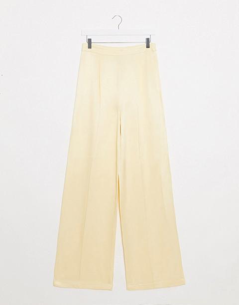 Asos Design Satin Twill Wide Leg Trouser In Buttermilk-yellow