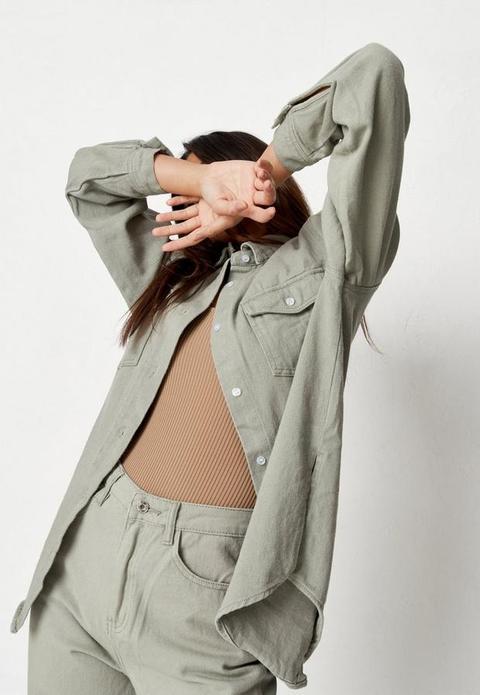 Khaki Co Ord Extreme Oversized Denim Shirt, Kahki