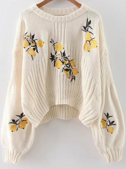 White Lemon Embroidery Lantern Sleeve Dip Hem Sweater