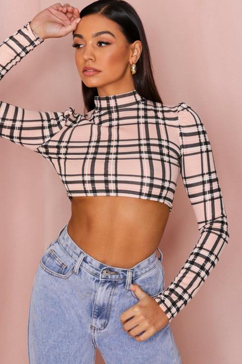 High Neck Puff Shoulder Checked Crop Top