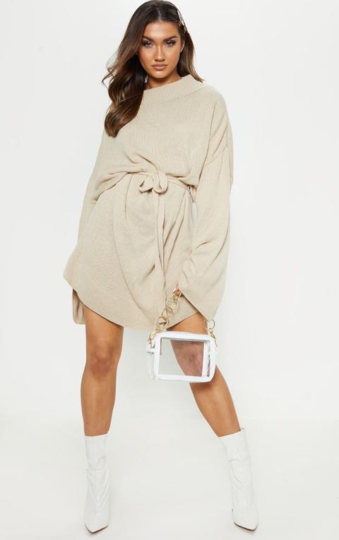 Stone Oversized Knitted Belted Dress, White