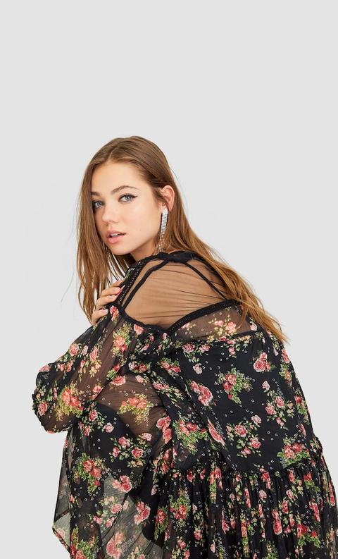 Stradivarius Robe Midi Imprimée À Manches Bouffantes Femme Noir M