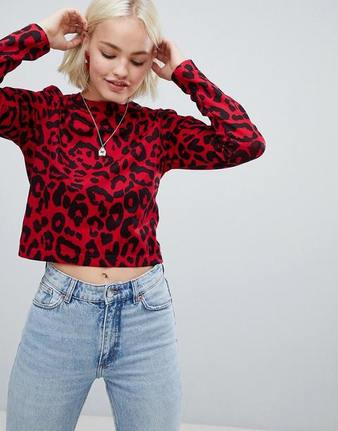 Asos Design - Maglione Girocollo Con Stampa Maculata Chiara - Rosso