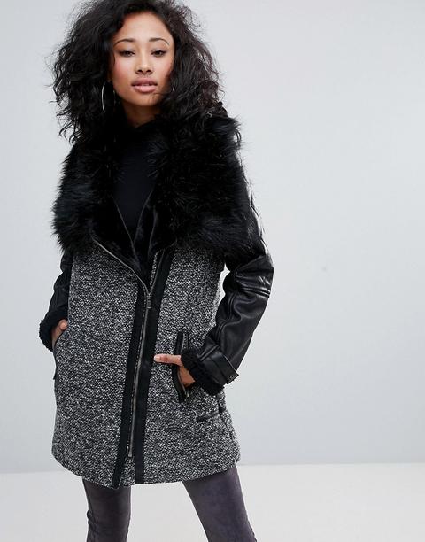 Urban Bliss - Cappotto In Misto Tweed Con Collo In Finta Pelliccia - Nero