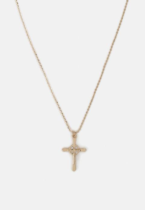 Gold Look Cross Diamante Ditsy Necklace, Neutral