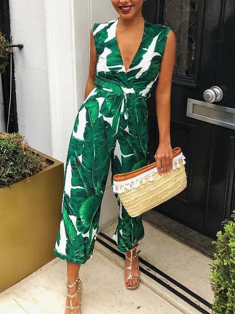 Palm Leaf Print Plunge Belted Wide Leg Jumpsuit