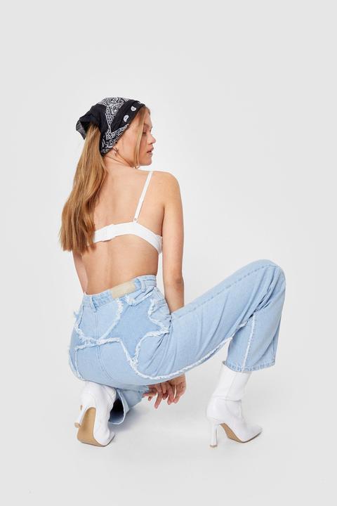 Womens Acid Wash Frayed Star Design Tapered Jeans