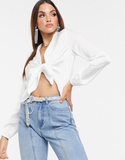 Missguided - Camicia In Raso Annodata Davanti Avorio - Bianco