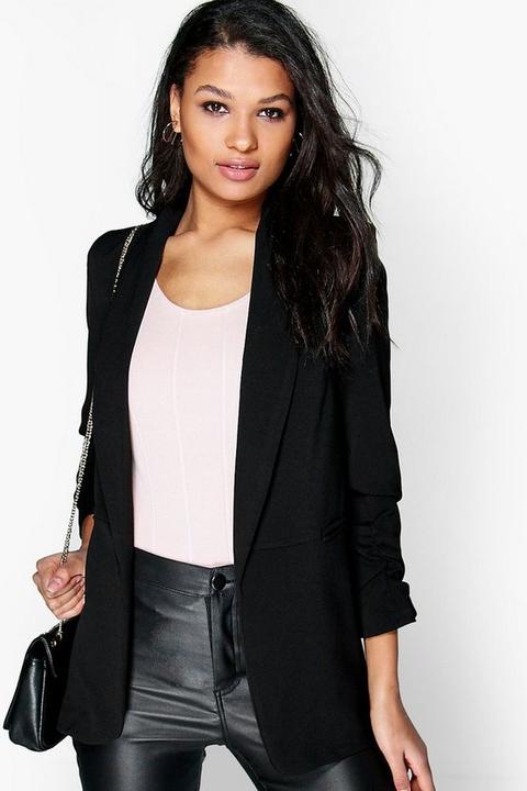 Womens Ruched Sleeve Blazer - Black - M, Black