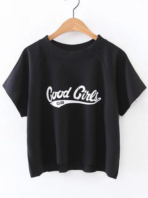 Top Corto Con Manga Raglán Y Estampado Negro