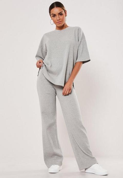 Grey Rib T Shirt Wide Leg Co Ord Set, Grey