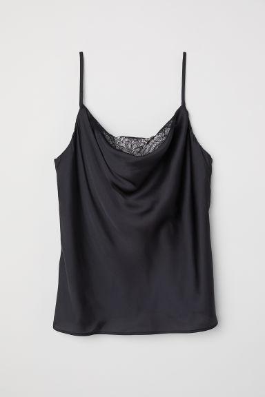 H & M - Top In Satin E Pizzo - Nero