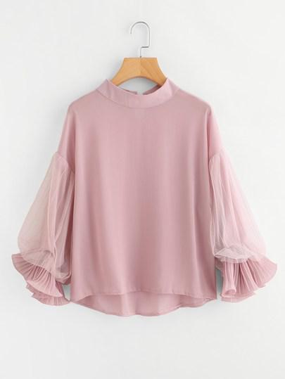 Pleated Cuff Mesh Lantern Sleeve Blouse