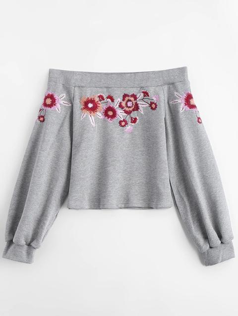 Felpa Ricamata Floreale Con Spalle Scoperte Gray