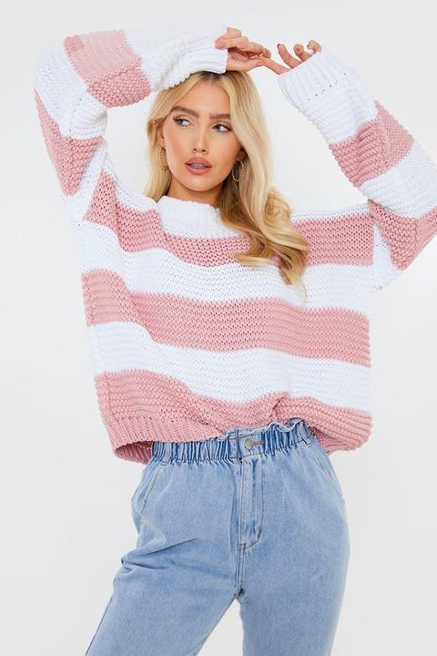 Pink Jumpers - Billie Faiers Dusky Pink Stripe Oversized Jumper