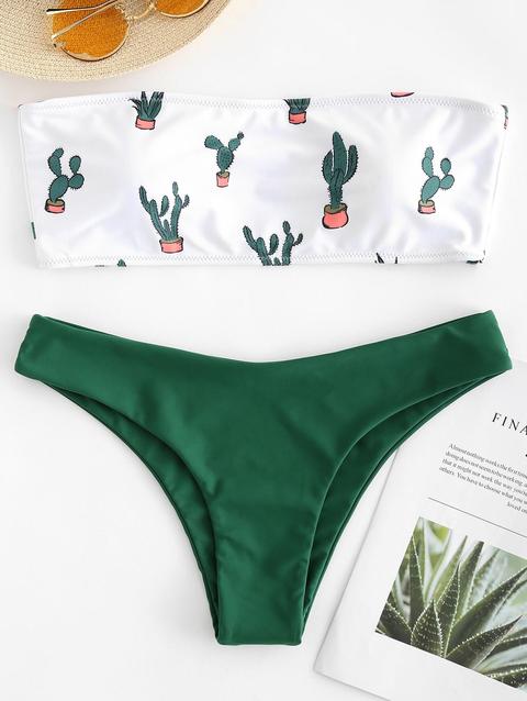 Bikini A Fascia Con Stampa Cactus White
