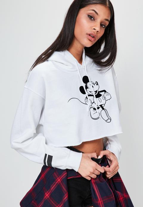 White Mickey Mouse Graphic Cropped Hoodie