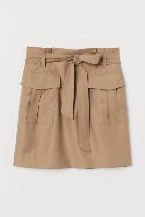 Lyocell-blend Paper Bag Skirt - Beige