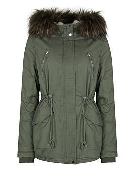 Parka Verde Con Eco Pelliccia Rosa