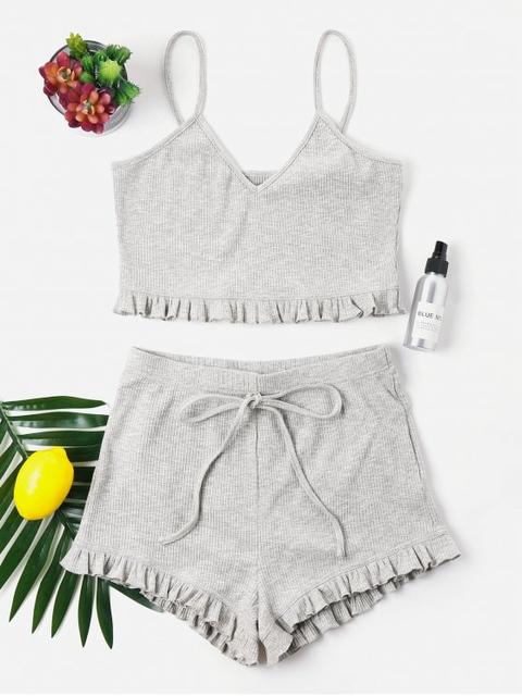 Knit Frill Trims Cami Shorts Set