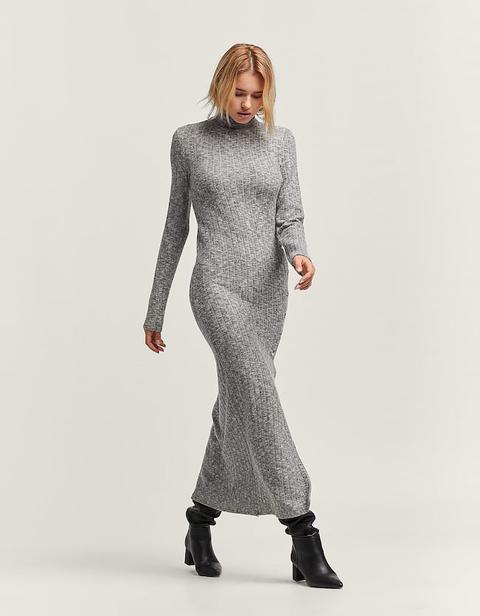 Vestito Lungo A Collo Alto Grigio Melangiato
