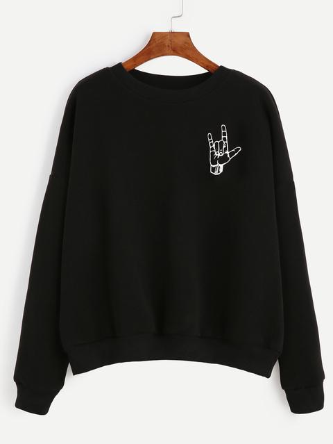 Sudadera Hombro Caído Con Estampado De Gesto - Negro