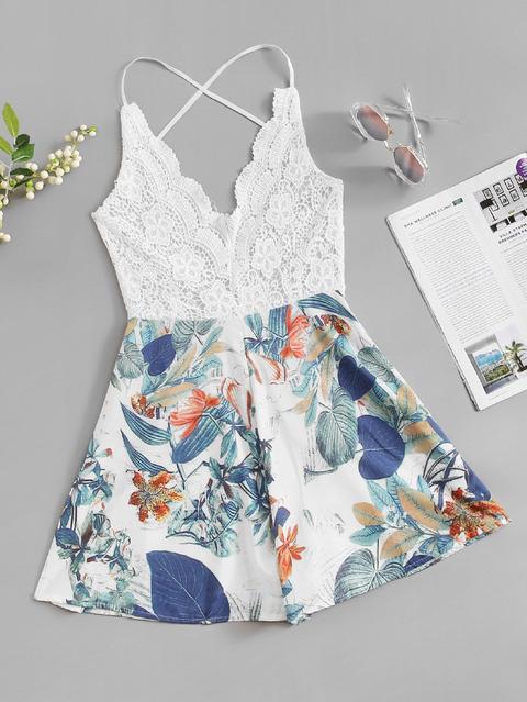 Lace Panel Open Back Floral Cami Romper