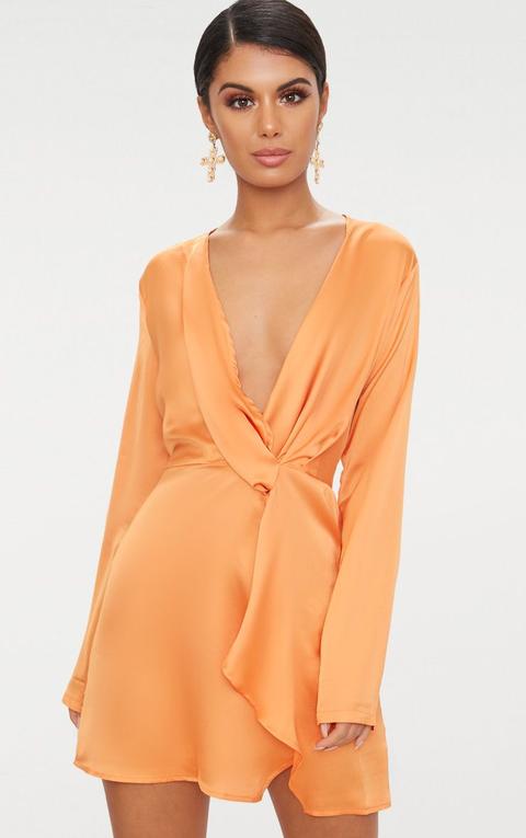 Tangerine Satin Long Sleeve Wrap Dress