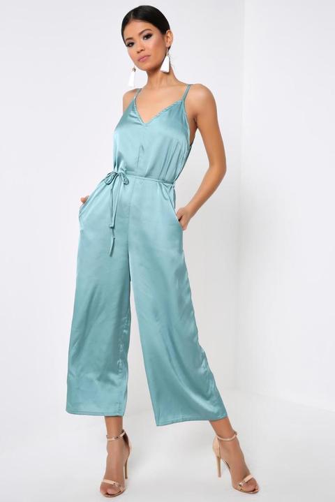 Blue Satin Strappy Wide Leg Jumpsuit