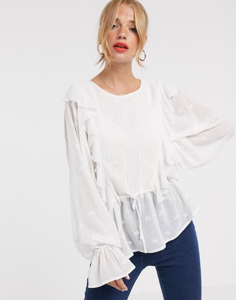 Asos Design - Top A Maniche Lunghe Con Volant E Ricami - Bianco