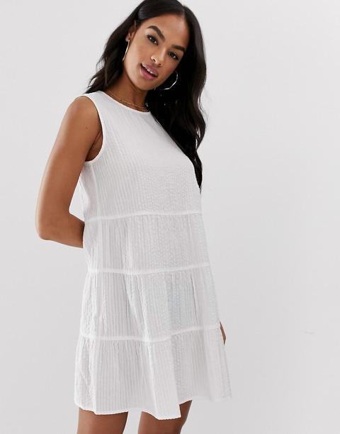 Asos Design Sleeveless Tiered Mini Smock Dress In Seersucker-white