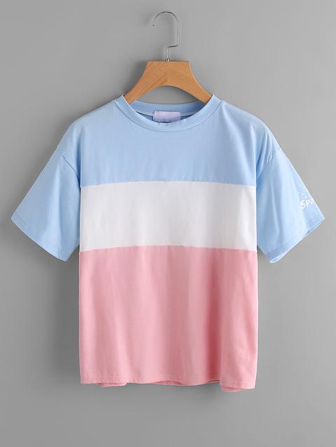 Color Block Letter Print Sleeve Tee