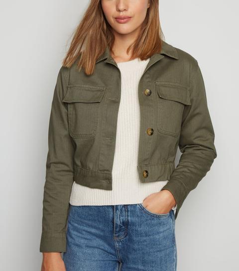 khaki cropped denim jacket