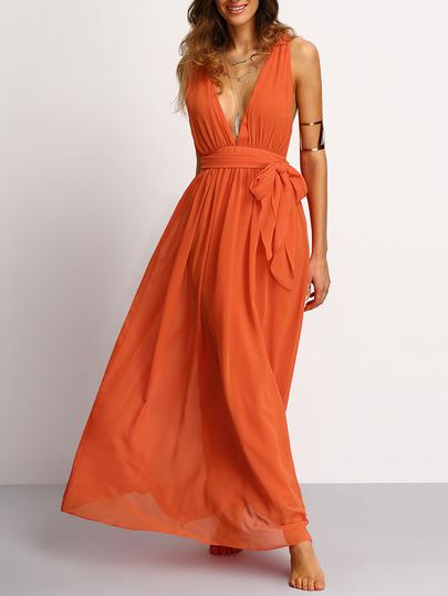 Arancione Profondo Scollo A V Con Laccetti Vita Maxi Dress