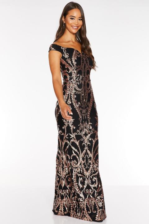 quiz black and rose gold sequin bardot maxi dress