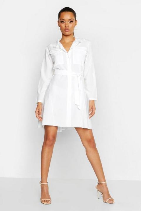 Womens Pocket Front Belted Shirt Dress - White - 10, White