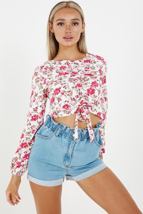 White & Pink Floral Tie Front Crop Top