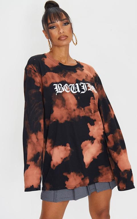 Orange Acid Wash Boujie Printed Long Sleeve T Shirt