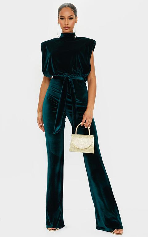 Emerald Green Velvet Shoulder Pad Tie Waist Wide Leg Jumpsuit