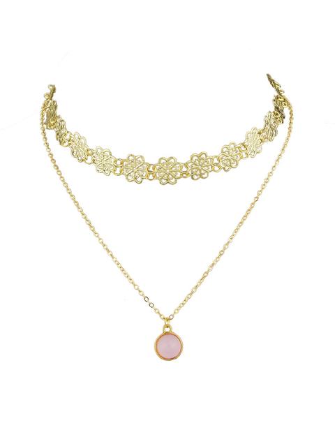 Gold Hollow Out Flower Shape Choker With Pink Stone Charm Necklace