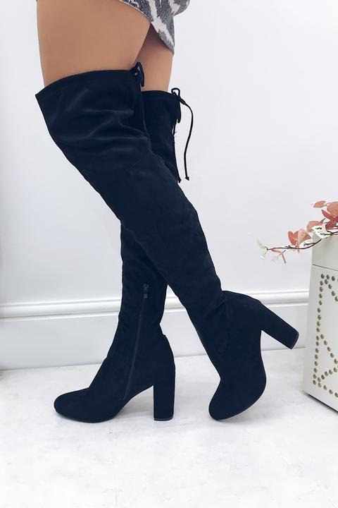 Lara Black Heeled Over The Knee Suede Boots