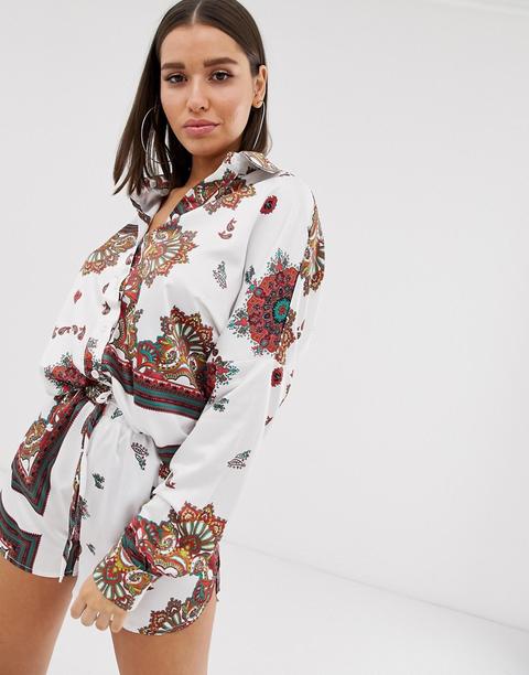 Camisa Blanca De Satén Con Estampado De Paisley Estilo Fular De Missguided-multicolor