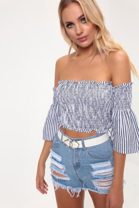 Blue Striped Shirred Bardot Top