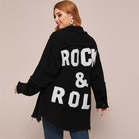 Plus Slogan Patched Raw Hem Longline Denim Jacket