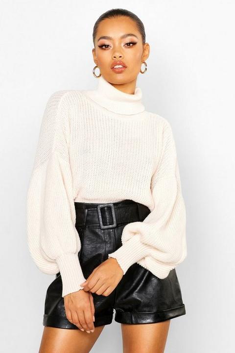 Womens Roll Neck Balloon Sleeve Knitted Jumper - White - S, White