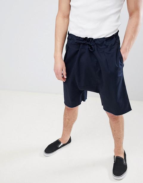 Asos Design - Pantaloncini Con Cavallo Basso Allacciati In Vita Blu Navy - Navy