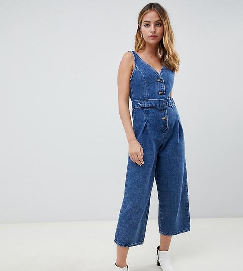 Asos Design Petite Denim Button Through Jumpsuit In Midwash Blue