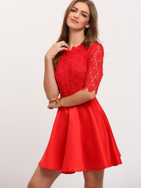 Red Half Sleeve Backless Scallop With Lace Flare Dress