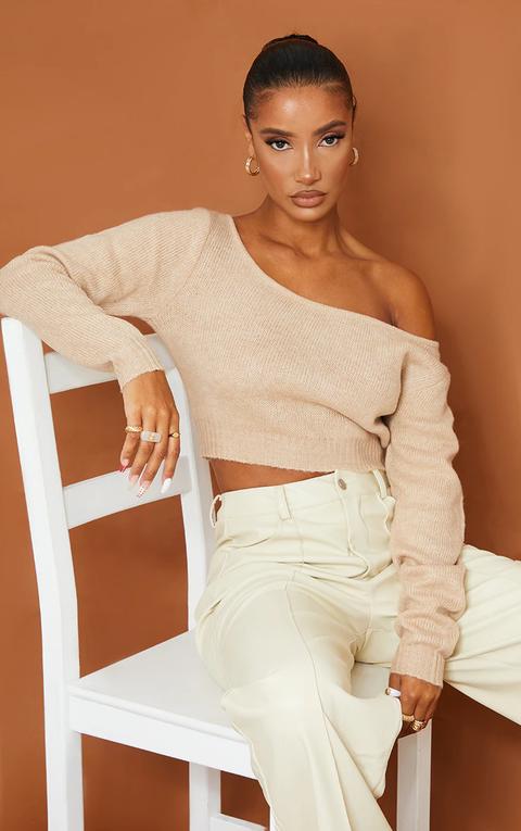 Stone V Neck Off Shoulder Soft Knitted Crop Jumper