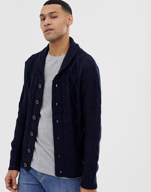 Brave Soul - Cardigan In Maglia A Trecce Con Collo Sciallato - Navy